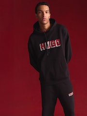 HUGO Black Logo Print 100% Cotton Terry Hoodie - Image 2 of 10