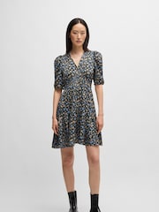 BOSS Blue BOSS V-Neck Printed Satin Dress With Gathered Sleeves - Image 1 of 5