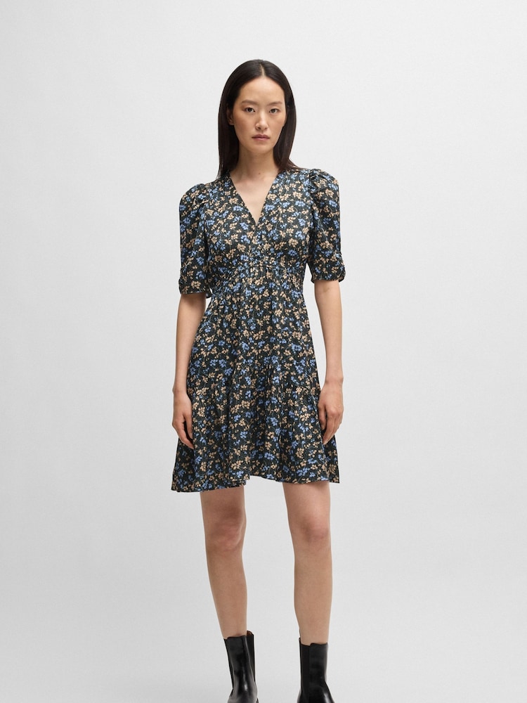 BOSS Blue BOSS V-Neck Printed Satin Dress With Gathered Sleeves - Image 1 of 5