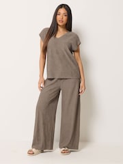M&Co Brown Petite Textured Top And Trousers Set - Image 1 of 5