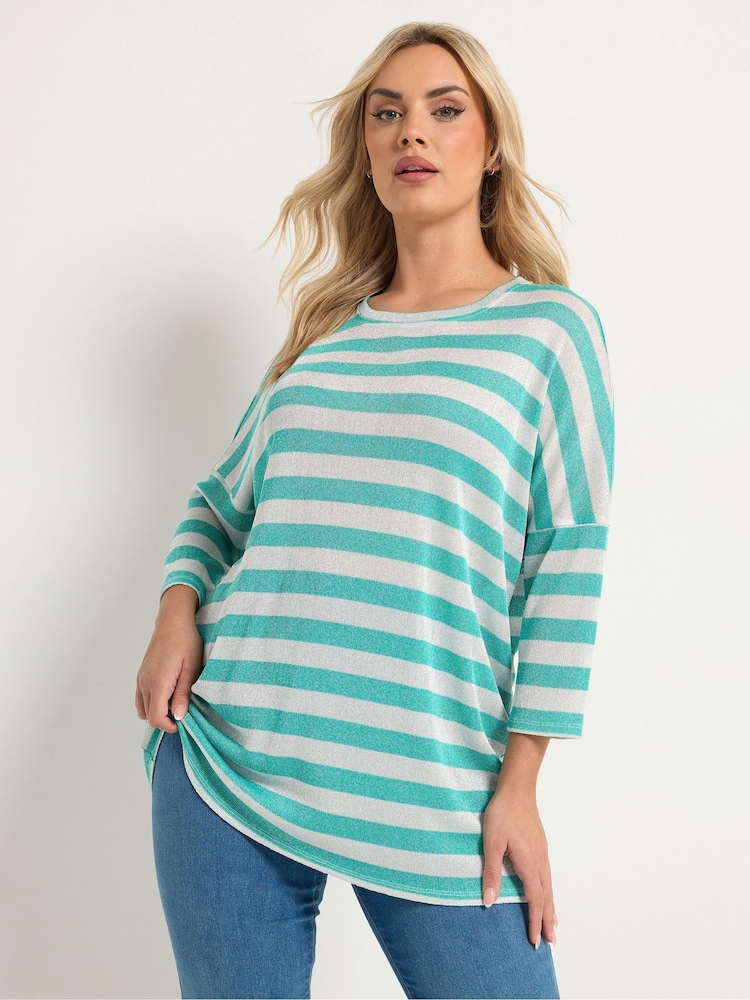 Yours Curve Green Stripe Metallic Drop Shoulder Tunic Top - Image 1 of 5