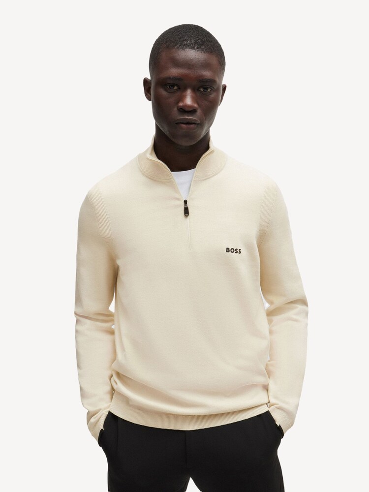 BOSS Cream Logo Quarter-Zip Knitted Jumper - Image 1 of 5
