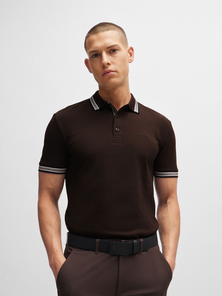 بني - BOSS Regular Fit Paddy Tipped Collar 100% Cotton Polo Shirt - صورة 1 من 5