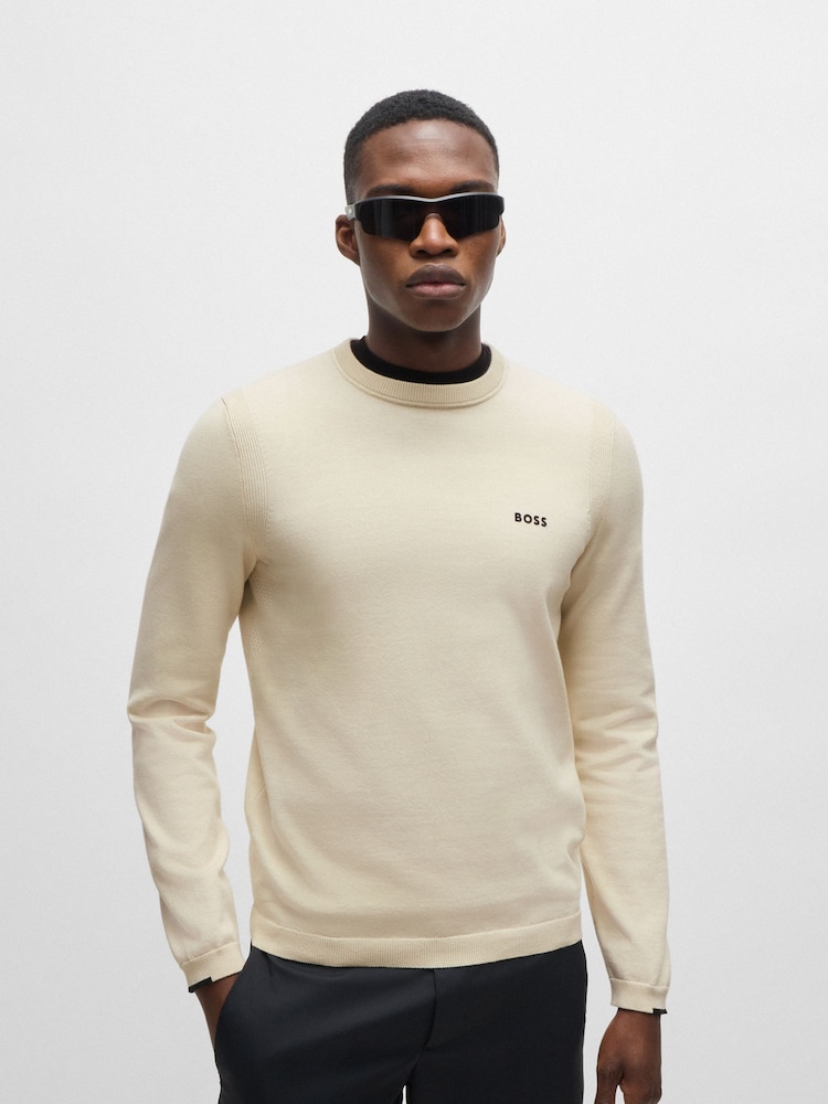 BOSS Cream Logo-Print Cotton Blend Sweater - Image 1 of 5