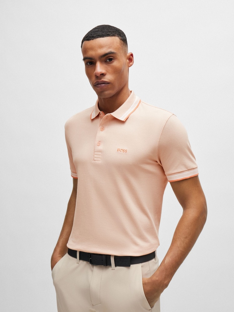Оранжевый - BOSS Regular Fit Paddy Tipped Collar 100% Cotton Polo Shirt - Image 1 of 4