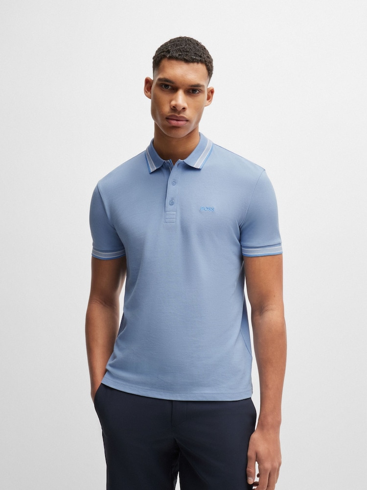 BOSS Sky Blue 100% Cotton Paddy Tipped Polo Shirt - Image 1 of 5