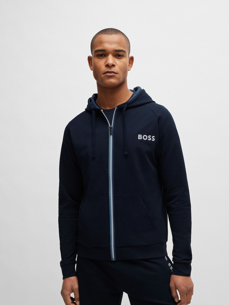 BOSS Blue Logo Detail Zip Up Hoodie Cotton Terry - Image 1 of 5