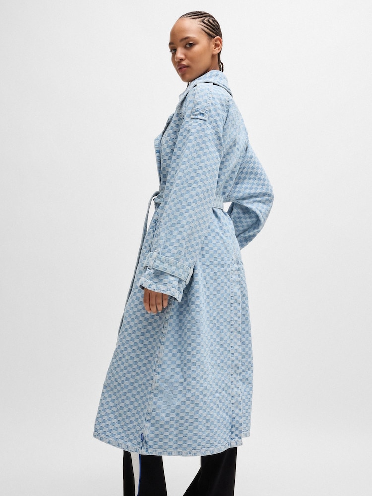 HUGO Blue Blue Long Length Denim Trench 100% Cotton Coat With Checkerboard Jacquard - Image 1 of 6