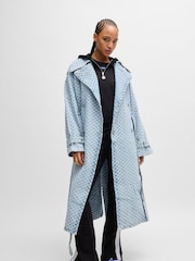 HUGO Blue Blue Long Length Denim Trench 100% Cotton Coat With Checkerboard Jacquard - Image 2 of 6