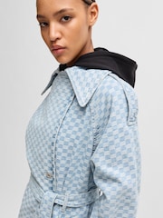 HUGO Blue Blue Long Length Denim Trench 100% Cotton Coat With Checkerboard Jacquard - Image 3 of 6