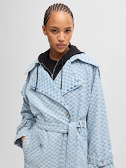 HUGO Blue Blue Long Length Denim Trench 100% Cotton Coat With Checkerboard Jacquard - Image 4 of 6