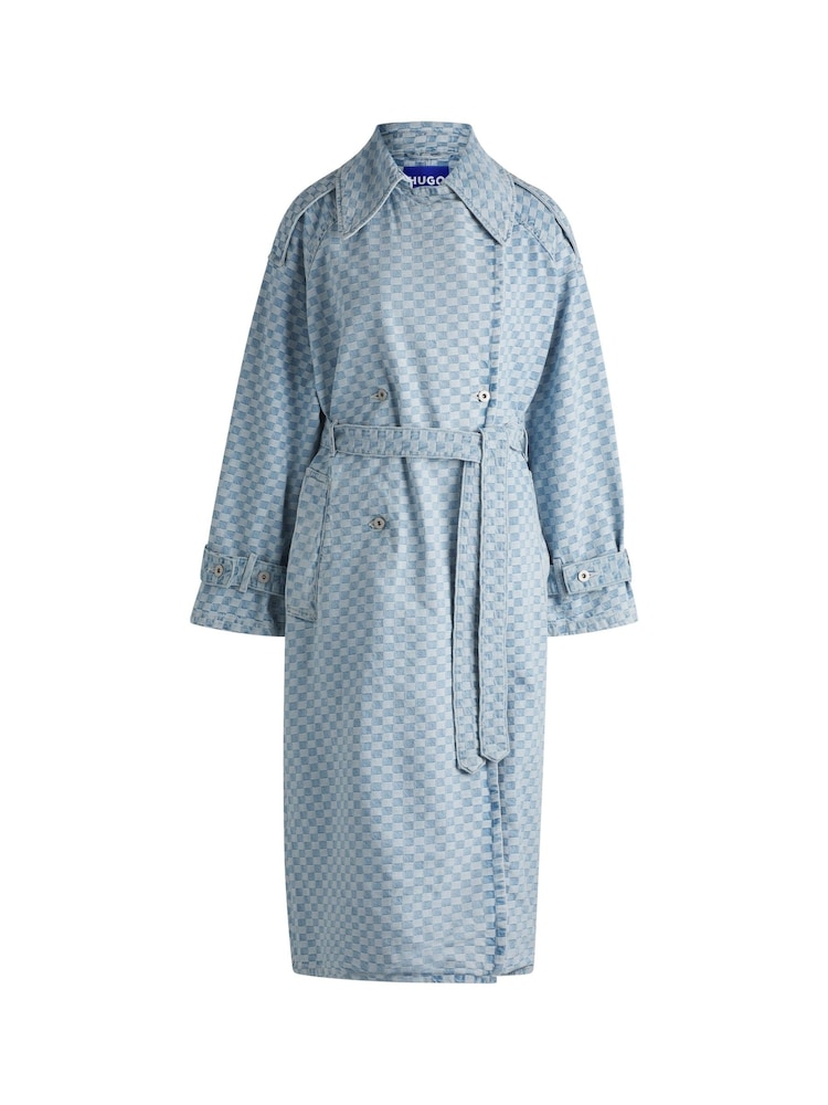 HUGO Blue Blue Long Length Denim Trench 100% Cotton Coat With Checkerboard Jacquard - Image 6 of 6