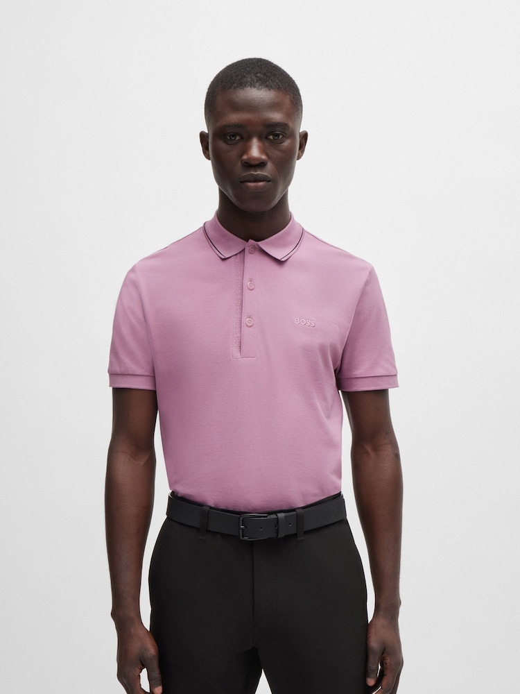 BOSS Purple Slim Fit Piqué Tonal Logo 100% Cotton Polo Shirt - Image 1 of 4 BOSS Purple Slim Fit Piqué Tonal Logo 100% Cotton Polo Shirt - Image 1 of 4