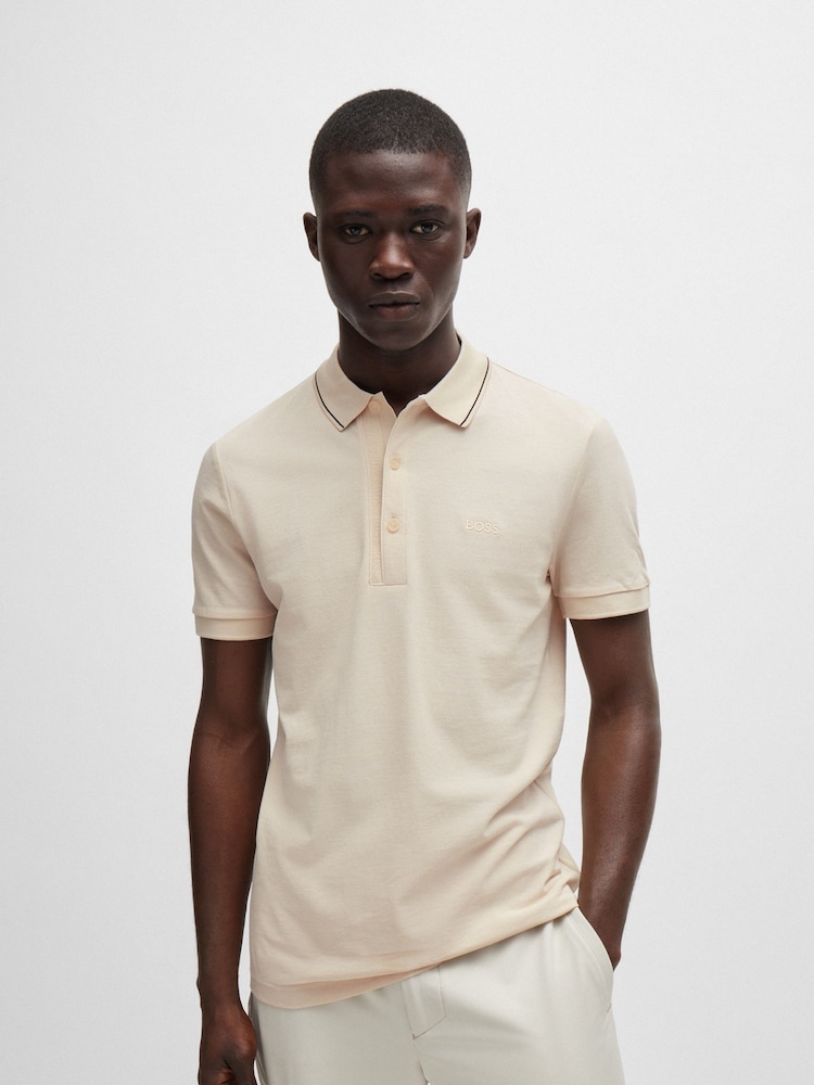 BOSS Cream Slim Fit Piqué Tonal Logo 100% Cotton Polo Shirt - Image 1 of 5 BOSS Cream Slim Fit Piqué Tonal Logo 100% Cotton Polo Shirt - Image 1 of 5
