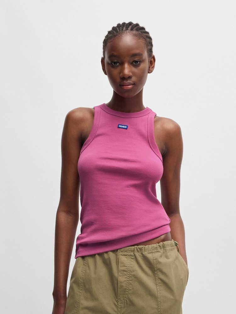 HUGO Blue Pink HUGO Slim Fit Stretch Cotton Top With Logo Badge - Image 1 of 5
