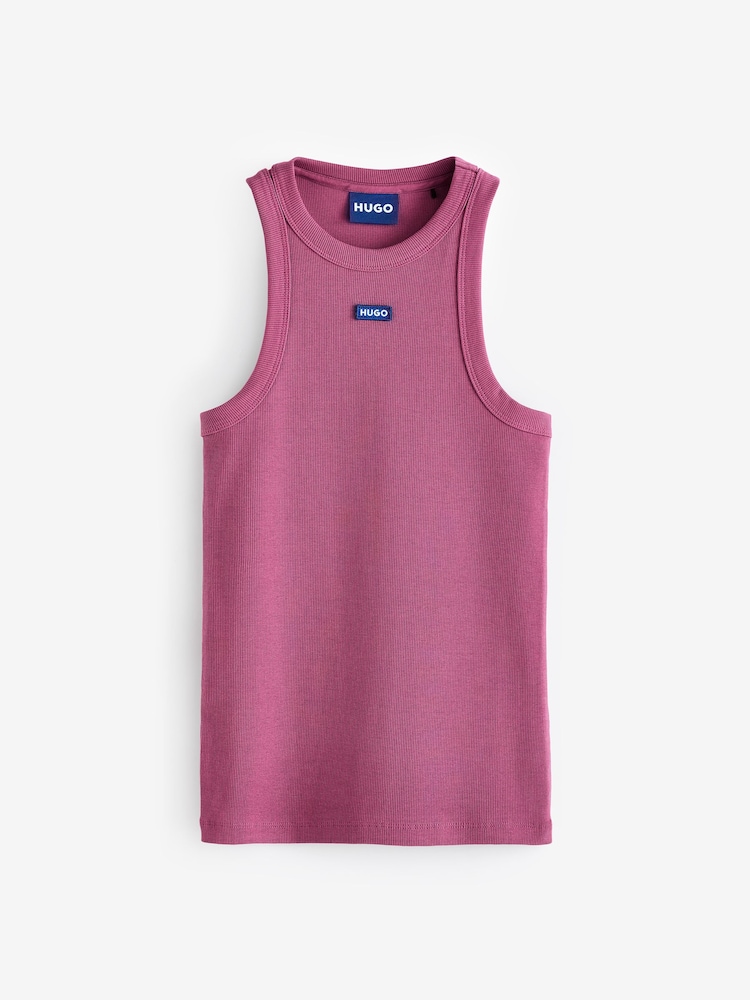 HUGO Blue Pink HUGO Slim Fit Stretch Cotton Top With Logo Badge - Image 5 of 5 HUGO Blue Pink HUGO Slim Fit Stretch Cotton Top With Logo Badge - Image 5 of 5
