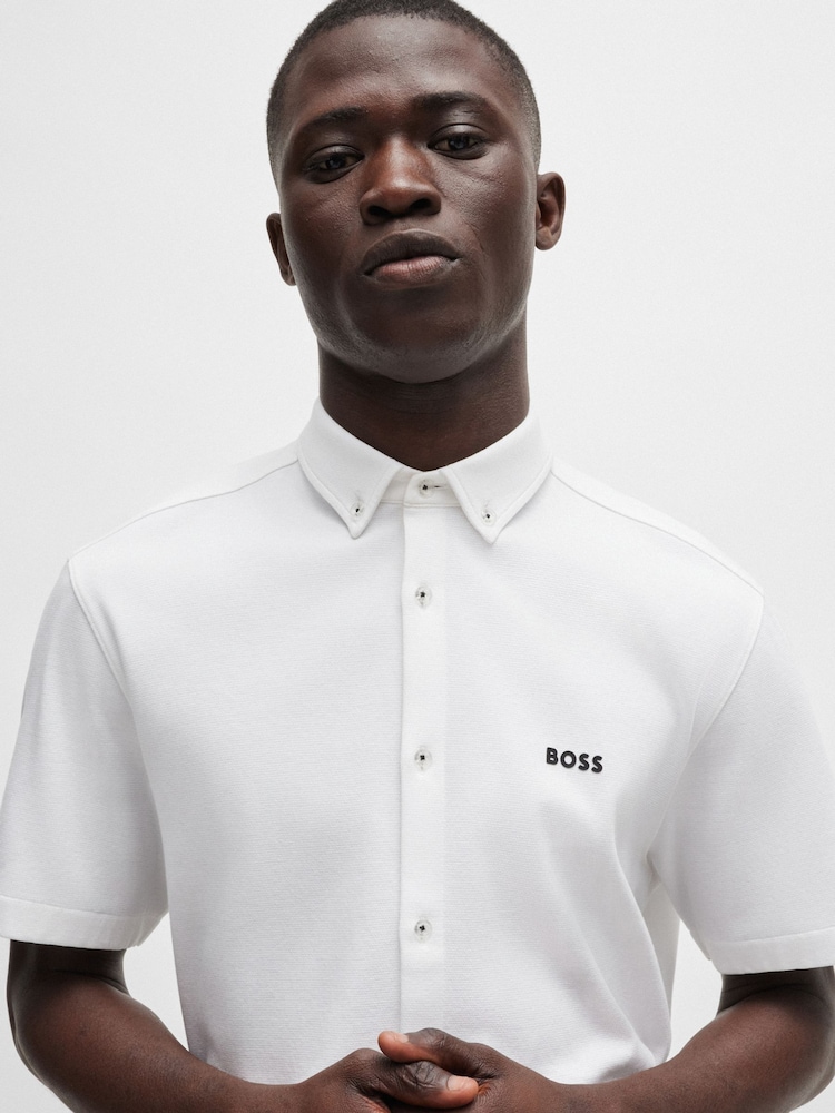 BOSS White Regular Fit Knitted Wrinkle Resistant 100% Cotton Shirt - Image 1 of 5