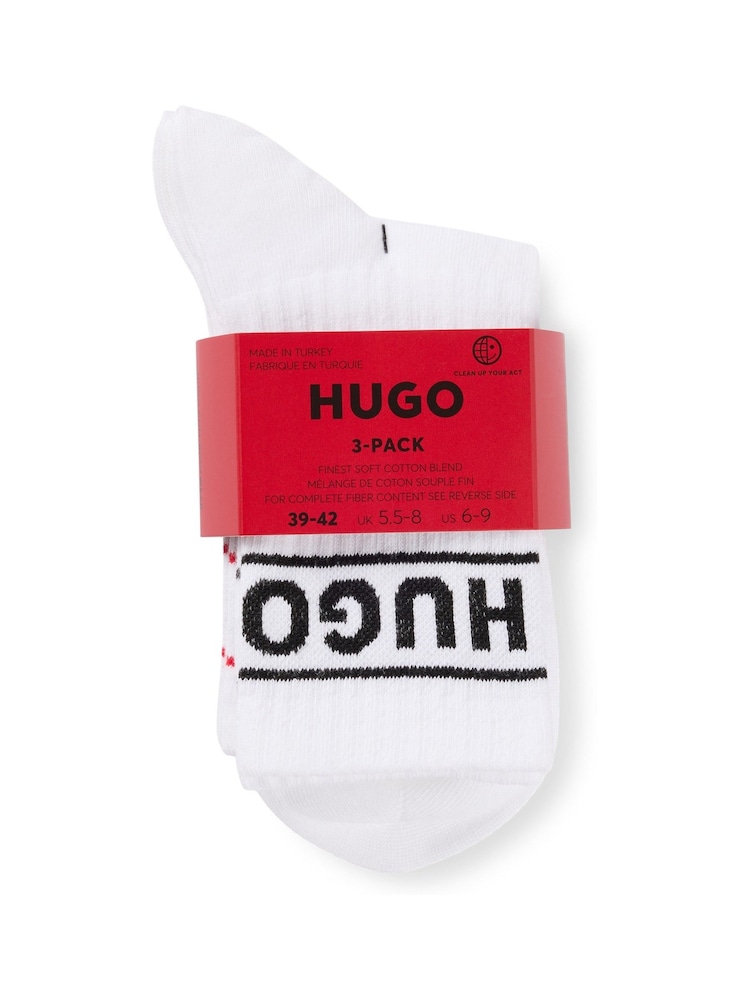 HUGO White Stripe and Logo Short Length Socks 3 Pack - Image 3 of 3 HUGO White Stripe and Logo Short Length Socks 3 Pack - Image 3 of 3