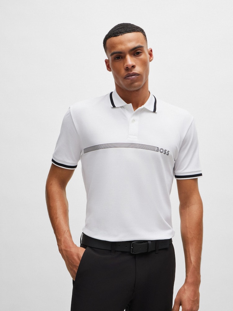 BOSS White Cotton-Blend Logo Stripped Polo Shirt - Image 1 of 4 BOSS White Cotton-Blend Logo Stripped Polo Shirt - Image 1 of 4