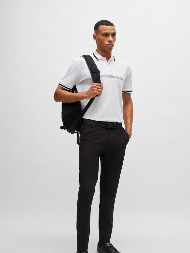 BOSS White Cotton-Blend Logo Stripped Polo Shirt - Image 2 of 4 BOSS White Cotton-Blend Logo Stripped Polo Shirt - Image 2 of 4