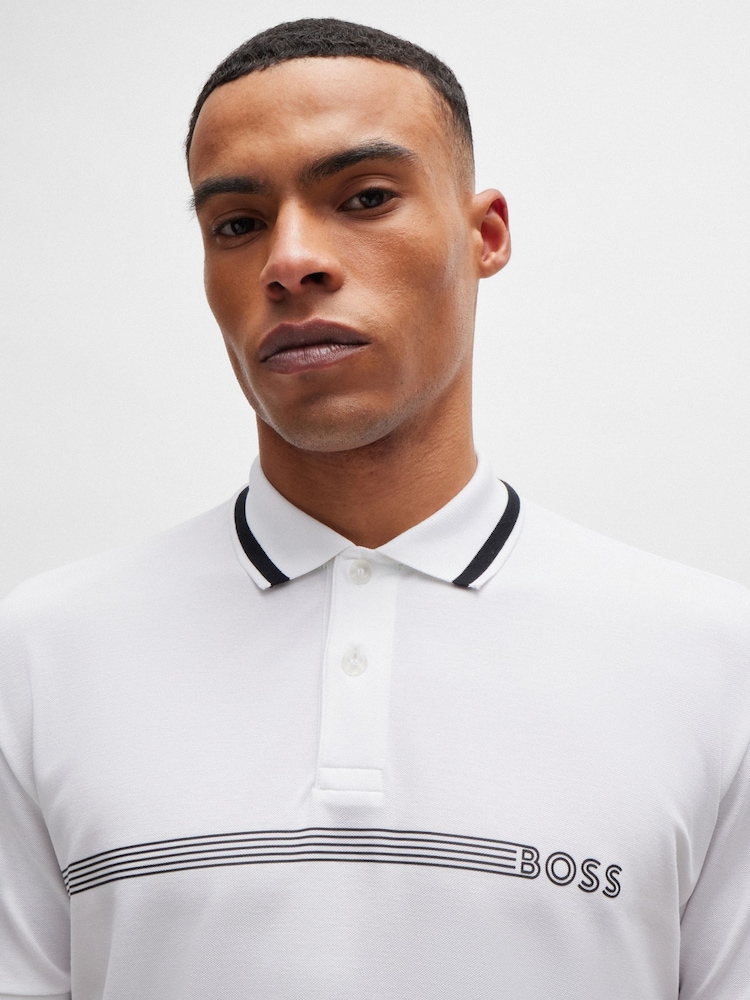 BOSS White Cotton-Blend Logo Stripped Polo Shirt - Image 4 of 4 BOSS White Cotton-Blend Logo Stripped Polo Shirt - Image 4 of 4