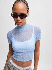 HUGO Blue Blue HUGO Cropped Top Printed Stretch Mesh - Image 1 of 5