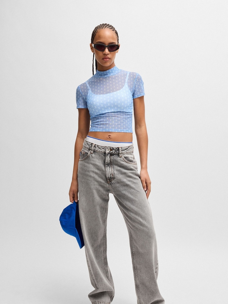 HUGO Blue Blue HUGO Cropped Top Printed Stretch Mesh - Image 2 of 5