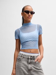 HUGO Blue Blue HUGO Cropped Top Printed Stretch Mesh - Image 4 of 5