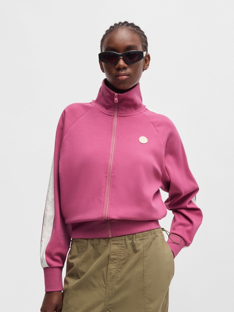 HUGO Blue Pink Stretch-Cotton Zip-Up Sweatshirt With Logo Badge - Image 1 of 5 HUGO Blue Pink Stretch-Cotton Zip-Up Sweatshirt With Logo Badge - Image 1 of 5