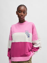 HUGO Blue Pink Oversized Fit Terry 100% Cotton Sweatshirt With Varsity Logo - Image 1 of 5