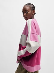 HUGO Blue Pink Oversized Fit Terry 100% Cotton Sweatshirt With Varsity Logo - Image 2 of 5