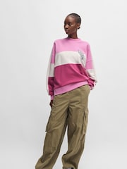 HUGO Blue Pink Oversized Fit Terry 100% Cotton Sweatshirt With Varsity Logo - Image 3 of 5