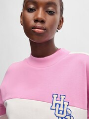 HUGO Blue Pink Oversized Fit Terry 100% Cotton Sweatshirt With Varsity Logo - Image 4 of 5