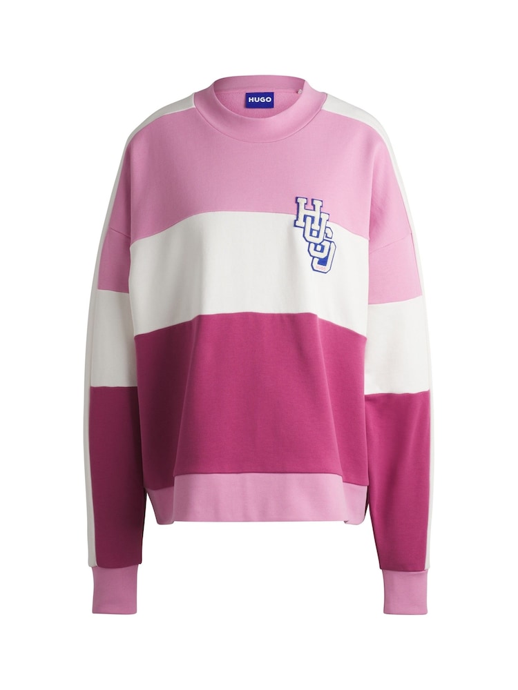 HUGO Blue Pink Oversized Fit Terry 100% Cotton Sweatshirt With Varsity Logo - Image 5 of 5