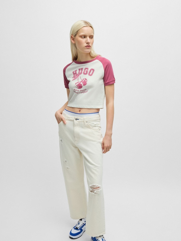 HUGO Pink 100% Cotton Varsity Print T-Shirt - Image 2 of 5 HUGO Pink 100% Cotton Varsity Print T-Shirt - Image 2 of 5