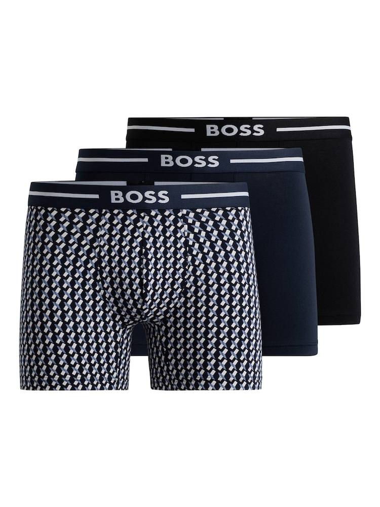 BOSS Blue Logo-Waistband Stretch Cotton Boxer Briefs 3 Pack - Image 1 of 7