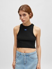 HUGO Blue Black Stretch Cotton Cropped Tank Top With Logo Label - Image 1 of 5