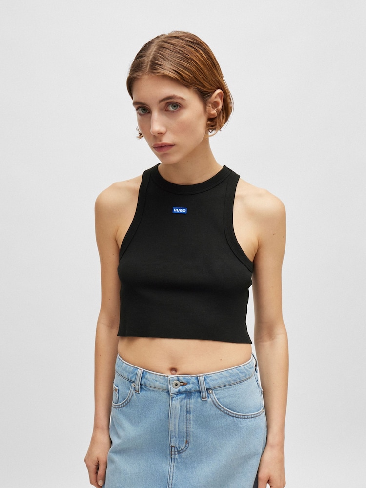 HUGO Blue Black Stretch Cotton Cropped Tank Top With Logo Label - Image 1 of 5