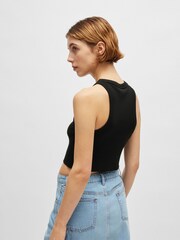 HUGO Blue Black Stretch Cotton Cropped Tank Top With Logo Label - Image 3 of 5