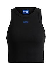 HUGO Blue Black Stretch Cotton Cropped Tank Top With Logo Label - Image 5 of 5