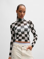 HUGO Blue Black HUGO Cropped Top Checkered Board Print Stretch Mesh - Image 1 of 5