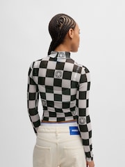 HUGO Blue Black HUGO Cropped Top Checkered Board Print Stretch Mesh - Image 2 of 5