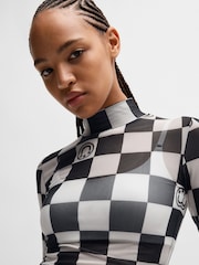 HUGO Blue Black HUGO Cropped Top Checkered Board Print Stretch Mesh - Image 4 of 5