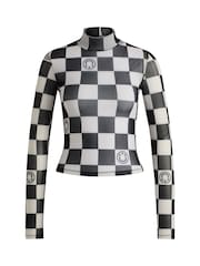 HUGO Blue Black HUGO Cropped Top Checkered Board Print Stretch Mesh - Image 5 of 5