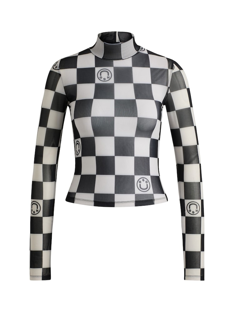 HUGO Blue Black HUGO Cropped Top Checkered Board Print Stretch Mesh - Image 5 of 5