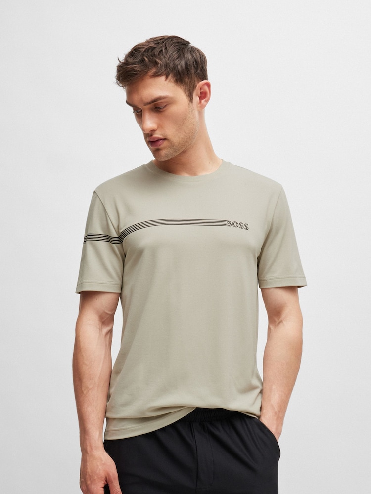 BOSS Natural Stripe Logo Cotton-Blend T-Shirt - Image 1 of 4 BOSS Natural Stripe Logo Cotton-Blend T-Shirt - Image 1 of 4