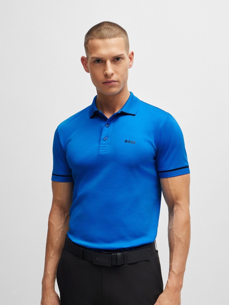 BOSS Blue Slim Fit Interlock 100% Cotton Logo Print Polo Shirt - Image 1 of 4
