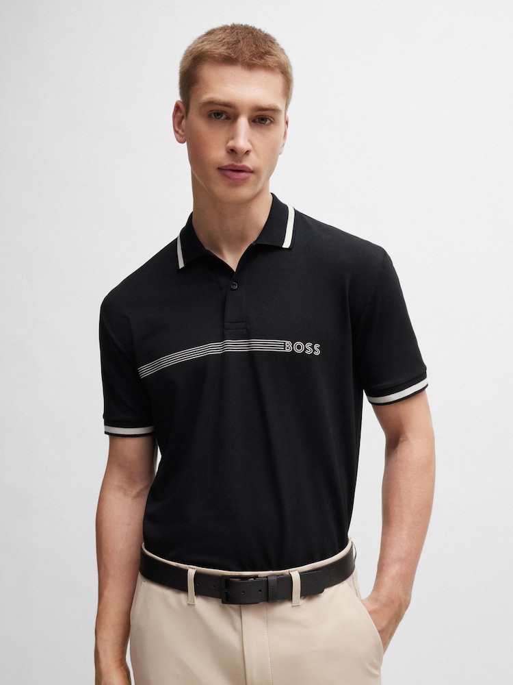 BOSS Black Cotton-Blend Logo Stripped Polo Shirt - Image 1 of 4 BOSS Black Cotton-Blend Logo Stripped Polo Shirt - Image 1 of 4