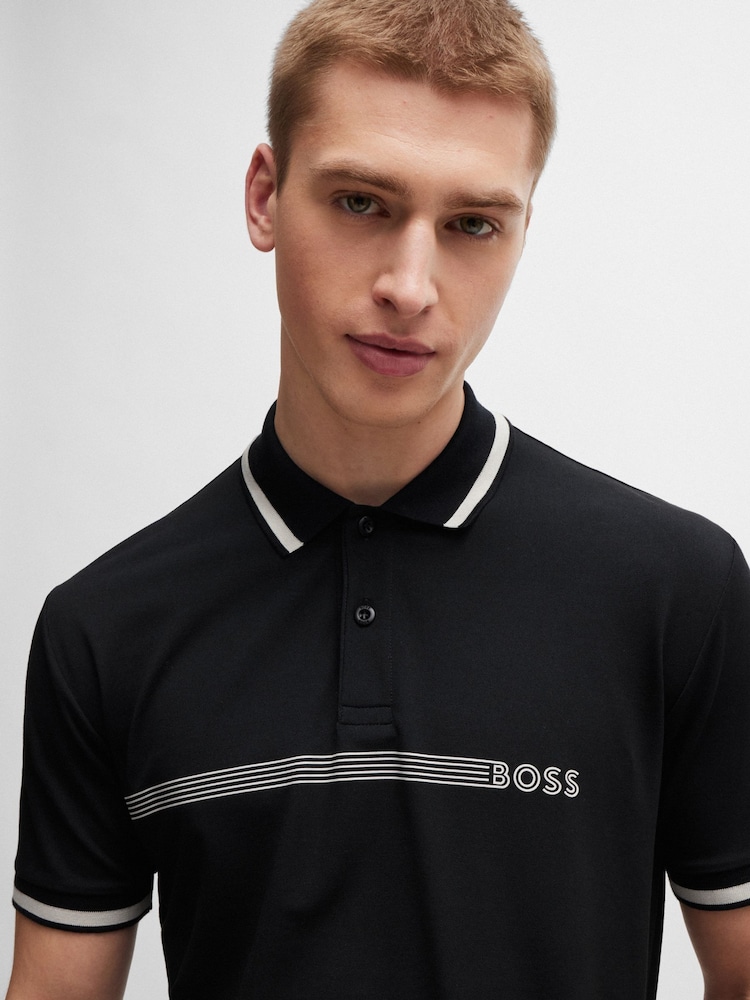 BOSS Black Cotton-Blend Logo Stripped Polo Shirt - Image 4 of 4 BOSS Black Cotton-Blend Logo Stripped Polo Shirt - Image 4 of 4