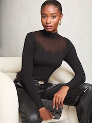 Lipsy Black Sheer Staggered Insert Knit Jumper - Image 1 of 4